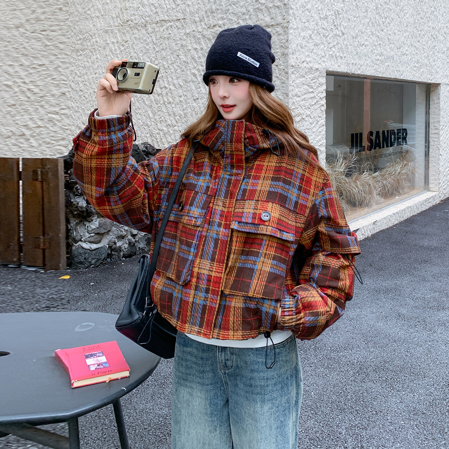 美式复古格纹连帽派克服女2025冬新款洋气炸街小个子加厚棉服外套图片