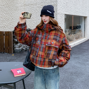 美式复古格纹连帽派克服女2025冬新款洋气炸街小个子加厚棉服外套图片