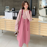多巴胺粉色条纹拼接假两件背带连衣裙女2025春秋新款甜美减龄裙子，女装连衣裙，2C103