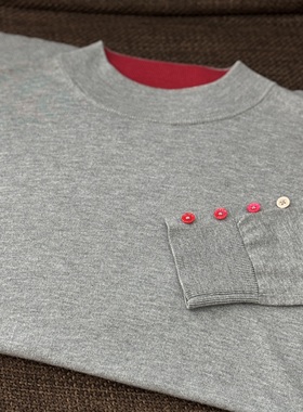 日本原单ps灰色撞色圆领针织衫秋冬软糯亲肤袖口粉扣设计