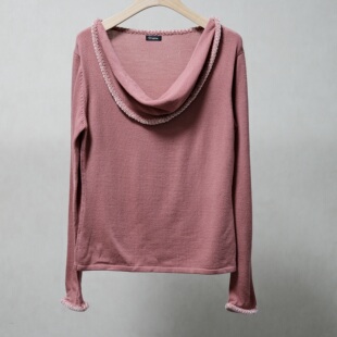 原单羊毛温柔干枯玫瑰粉荡领针织衫流苏绒边设计感上衣