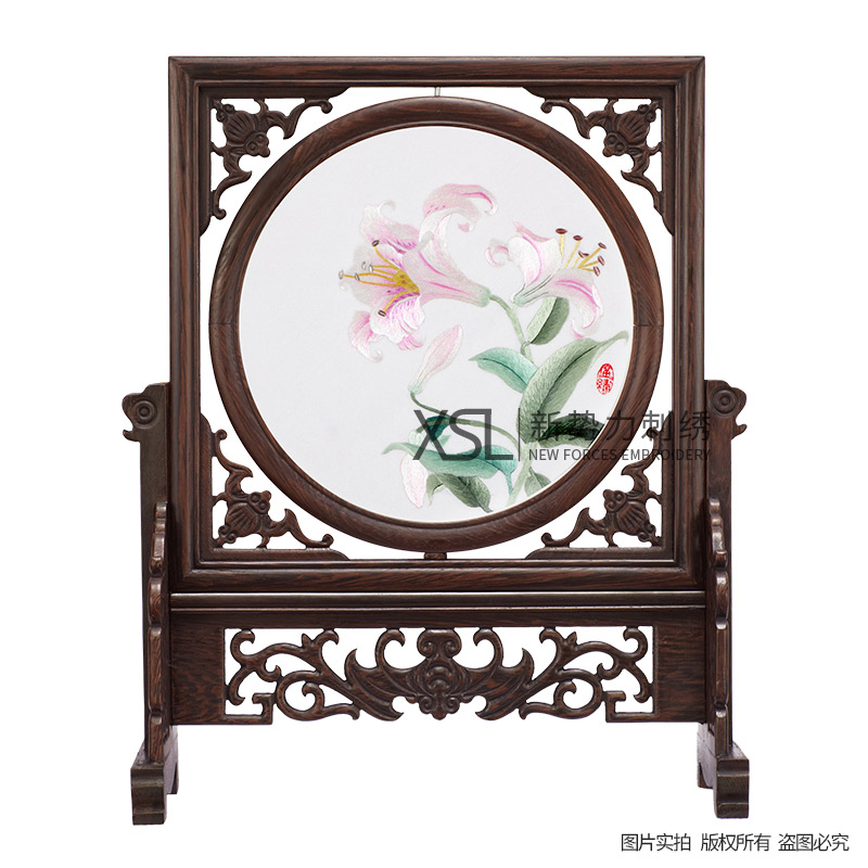 巨划算粤绣广绣岭南广府文化纯手工刺绣百合屏风摆件广州特色礼品