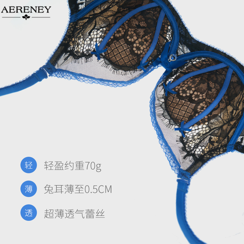 AERENEY/爱恋伊新品法式蕾丝克莱因蓝性感内衣女大胸显小聚拢文胸