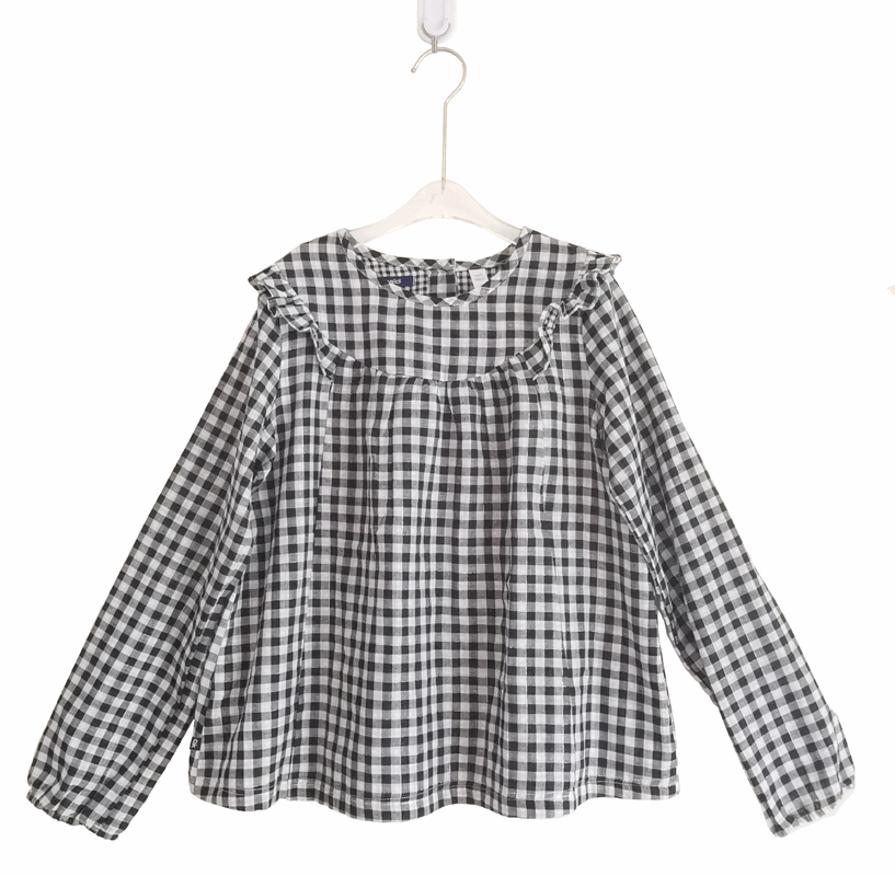 1折清仓折后价女大童春季长袖衬衫纯棉黑白格适合3岁-14岁