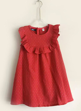 OKI-夏新款女童无袖纯棉荷叶边连衣裙墨绿色橘红色适合4-10岁