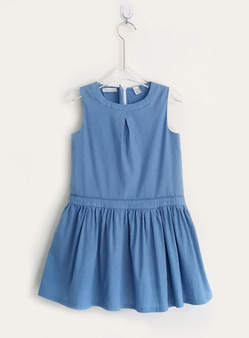 法式高端水洗浅蓝色棉弹力女大童连衣裙 适应身高95-160cm