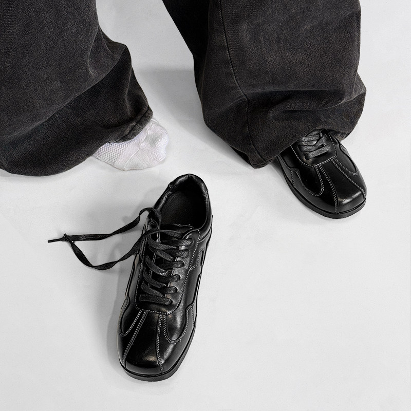 老钱风极简高级黑色cleanfit德训鞋男拳击训练鞋英伦薄底休闲皮鞋