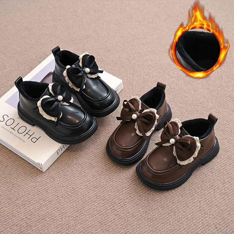 女童加绒皮靴2025冬季新款儿童洋气蝴蝶结公主短靴女孩保暖二棉鞋