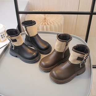 儿童靴子低帮超软秋冬女童皮靴公主风加绒马丁靴皮带扣男童短靴