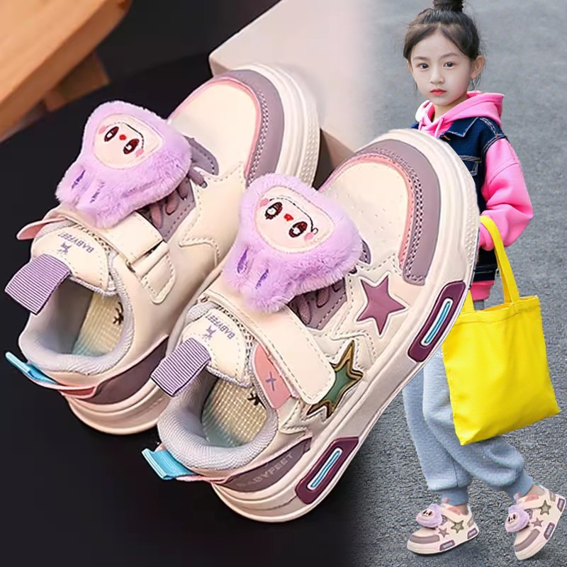 拉布布女童鞋子2025新款秋季儿童休闲轻便运动鞋女孩卡通皮面板鞋