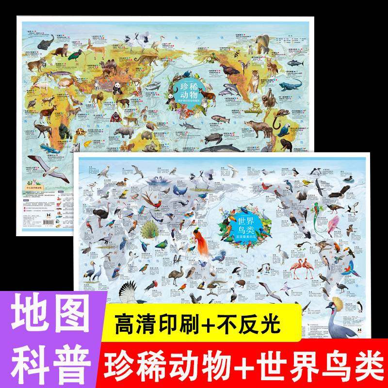 全两张珍稀动物地图和世界鸟类地图挂图儿童房墙面装饰小学生初中生专用大小尺寸地图地理图册百科知识儿童地理地图墙贴贴画背景墙