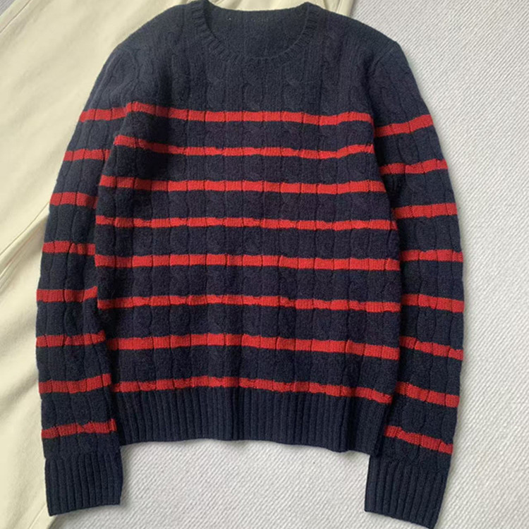 复古减龄 80羊毛20羊绒 圆领麻花条纹撞色针织衫可打底穿套头毛衣