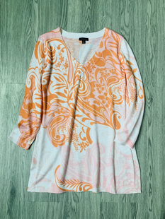 美中产TB纯原 大码女装精梳棉桔色印花V领针织衫七分袖薄打底毛衣