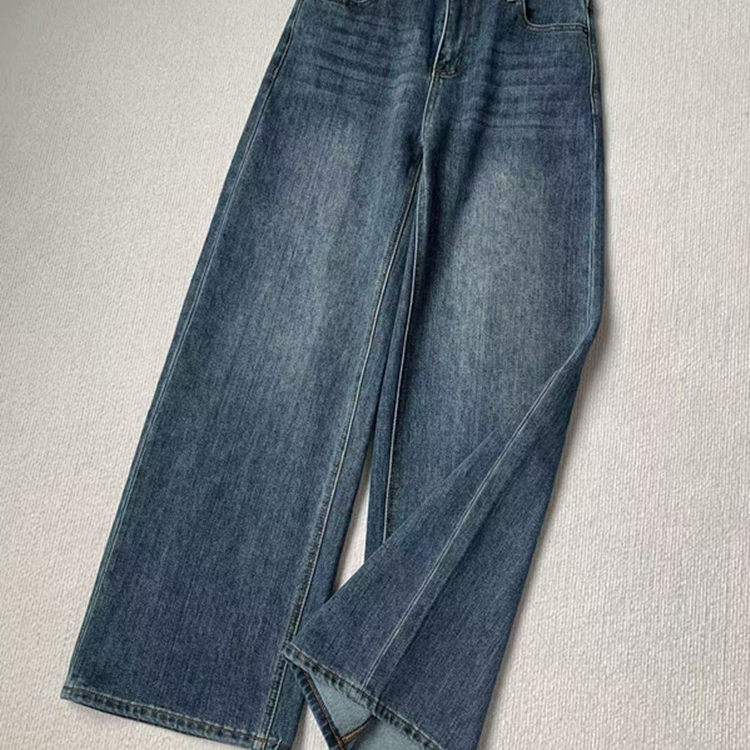 好穿厚实棉质高腰秋冬休闲裤复古蓝显瘦直筒阔腿裤女士微弹牛仔裤