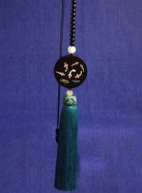 黑檀木镶银鱼国风圆挂件紫光檀镶