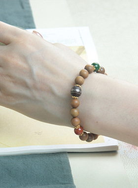 小叶紫檀木镶银回纹古风红绳手链