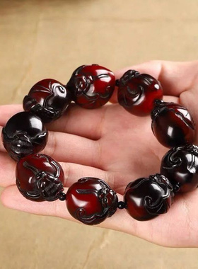 藏牦牛角精雕蝙蝠寿桃手链牛角福