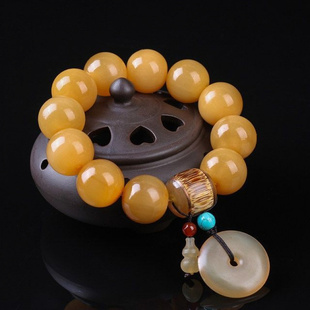 藏式天然西藏黄金色金丝牦牛角手串男女款搭配羊角平安扣葫芦佛珠