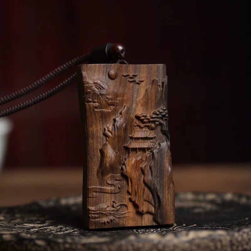 天然沉香木雕山水胜境项链吊坠平