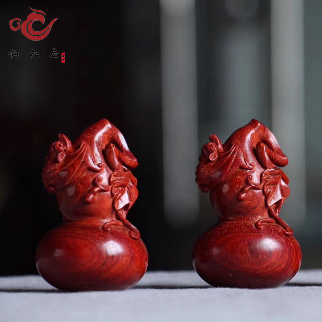 小叶紫檀湘工葫芦手把件 福禄双全挂饰 文玩红木手工艺品汽车挂件