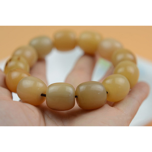 藏式天然藏区黄色牦牛角桶珠手串单圈佛珠文玩骨头手链淡黄白花民