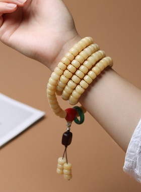 陈化老料飘花白玉菩提根108颗手