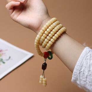 陈化老料飘花白玉菩提根108颗手链老型桶散珠一线天念珠手持佛珠