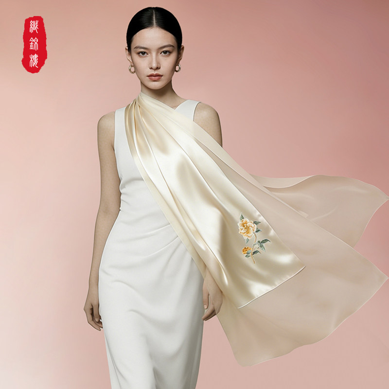 织锦楼26年新款新中式手工刺绣真丝防晒纱巾桑蚕丝丝巾礼盒送妈妈
