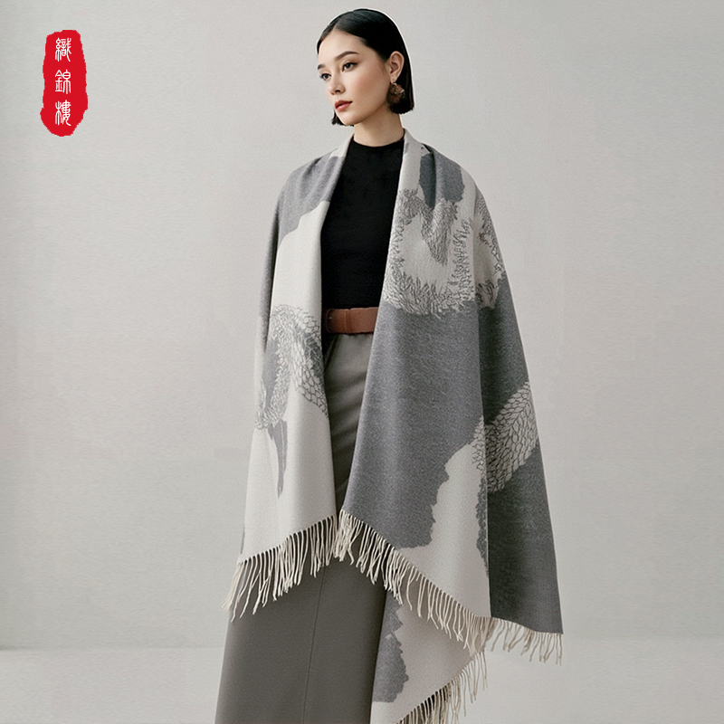 织锦楼冬季新款纯羊毛提花围巾女高级保暖大披肩妈妈长辈生日礼物