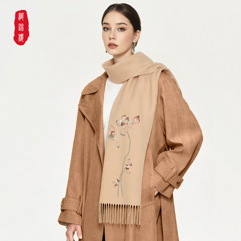 织锦楼秋冬新款100%羊毛围巾女高级保暖围巾送妈妈长辈生日礼物