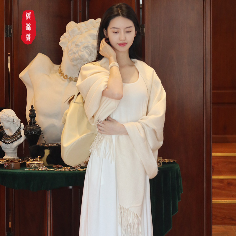 织锦楼春秋羊绒围巾女大披肩礼物加厚长款保暖纯色围脖两用礼盒装