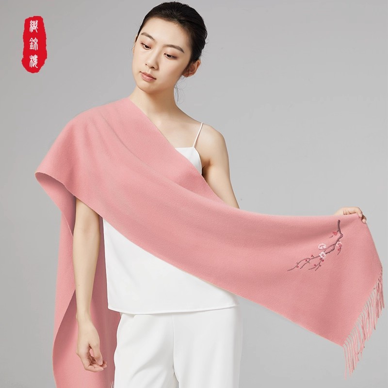 织锦楼羊毛手工绣花围巾苏绣保暖围脖苏州双面刺绣小披肩冬礼物女