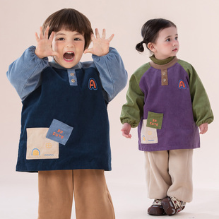 罩衣防水吃饭围兜儿童羽绒服防脏护衣倒褂按扣反穿衣 宝宝纯棉长袖