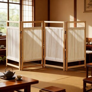 矮屏风半墙隔断落地茶室客厅新中式布艺折叠推拉门实木移动背景墙