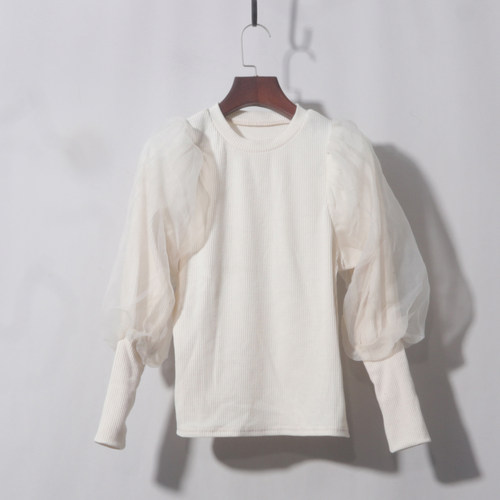 米黄灯笼袖长袖针织T恤打底衫女秋冬季温暖高弹纯色针织衫上衣