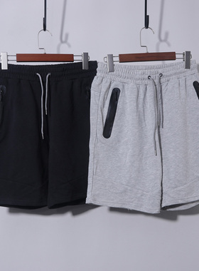 男装 灰色黑色松紧腰系绳五分裤外贸日系针织毛圈短裤夏季纯色