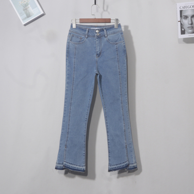 高腰九分修身牛仔蓝双扣中间线微喇裤脚开叉春秋显瘦小个子