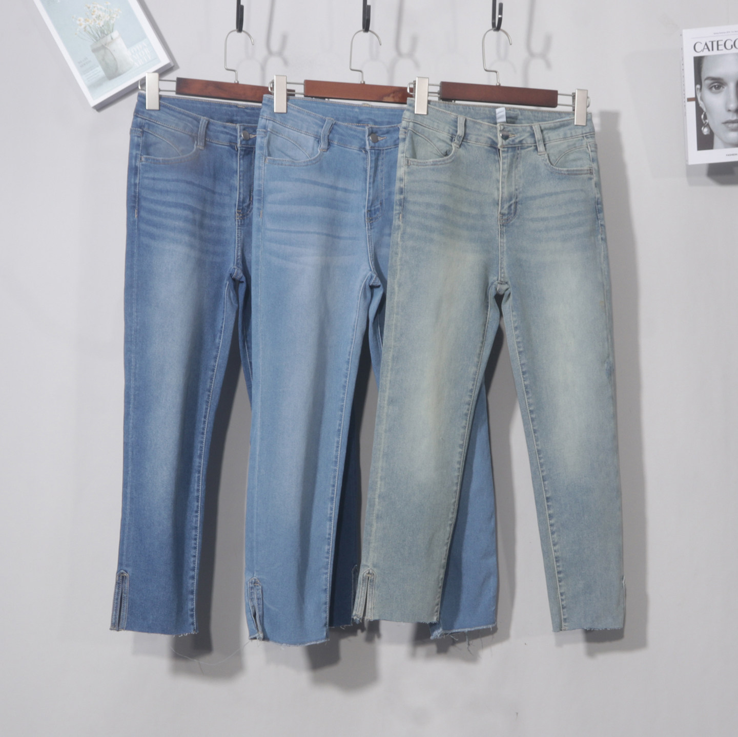 裤脚开叉毛边小脚高腰修身弹力紧身铅笔牛仔裤八分春夏新款小个子