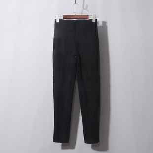 秋冬黑色鹿皮绒内松紧小脚裤保暖休闲裤女高腰显瘦直筒裤子