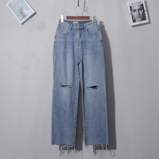 薄款春夏 高腰牛仔蓝毛边割破阔腿裤纯棉牛仔宽松显瘦拖地裤子