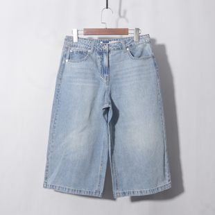 牛仔蓝阔腿美式反穿倒装牛仔短裤女夏季新款高腰宽松设计感六分裤