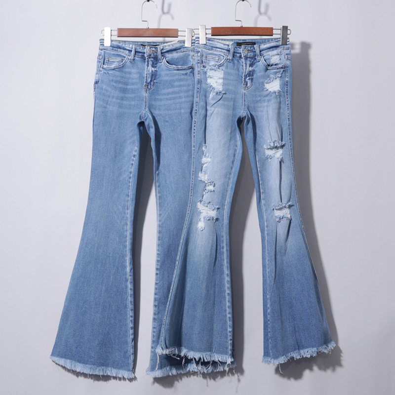 超大裤脚高弹中腰牛仔蓝毛边喇叭长裤美式高街水洗修身显瘦牛仔裤,女装/女士精品,牛仔裤,淘宝优惠券,粉丝福利购,淘宝优惠卷