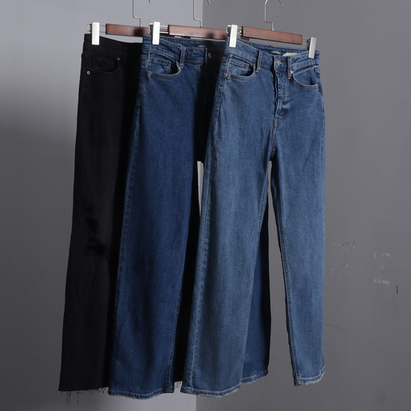 高腰阔腿裤牛仔裤女春夏外贸新款小个子直筒裤显瘦垂感裤子蓝色黑
