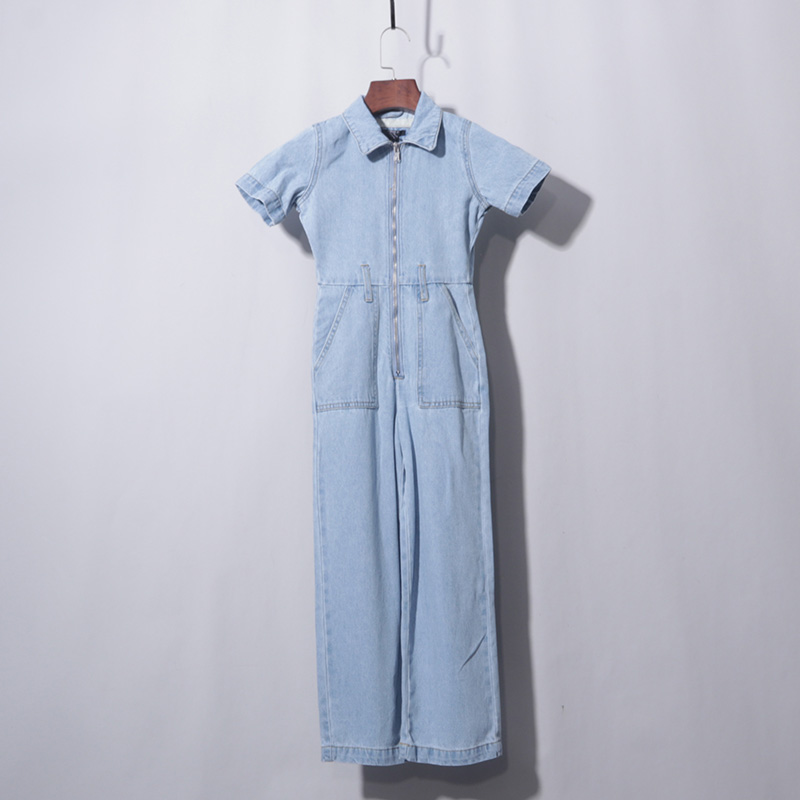 童装 有女装 可做亲子浅蓝短袖连体牛仔阔腿裤夏季收腰显瘦连衣裤