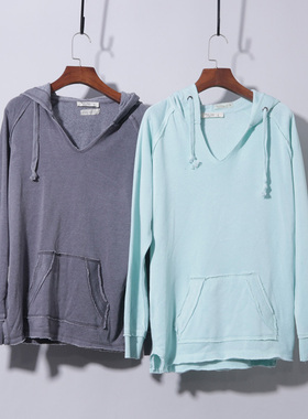 美式连帽系绳薄绒落肩款卫衣复古宽松帽衫净色淡绿灰色