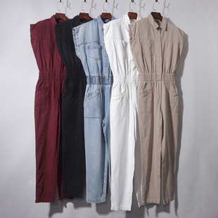 无袖腰围松紧连体长裤翻领松紧腰连体裤女休闲工装直筒长裤子