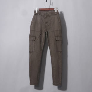 军绿松紧腰工装小脚裤牛仔裤春秋季宽松长裤子哈伦老爹裤