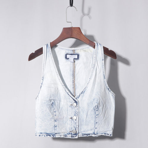 水洗蓝白背心马甲秋季新款牛仔马甲女V领复古灰白色短款上衣背心