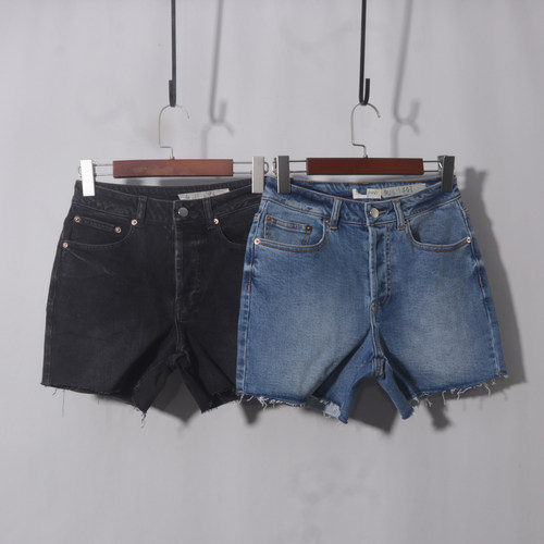 排扣毛边短裤复古直筒牛仔短裤女夏薄款大码胖mm高腰弹力显瘦梨形