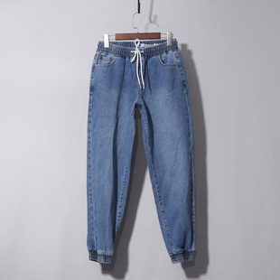 （JOGGER）牛仔蓝松紧腰系绳束脚裤棉质休闲裤女夏季抽绳宽松哈伦